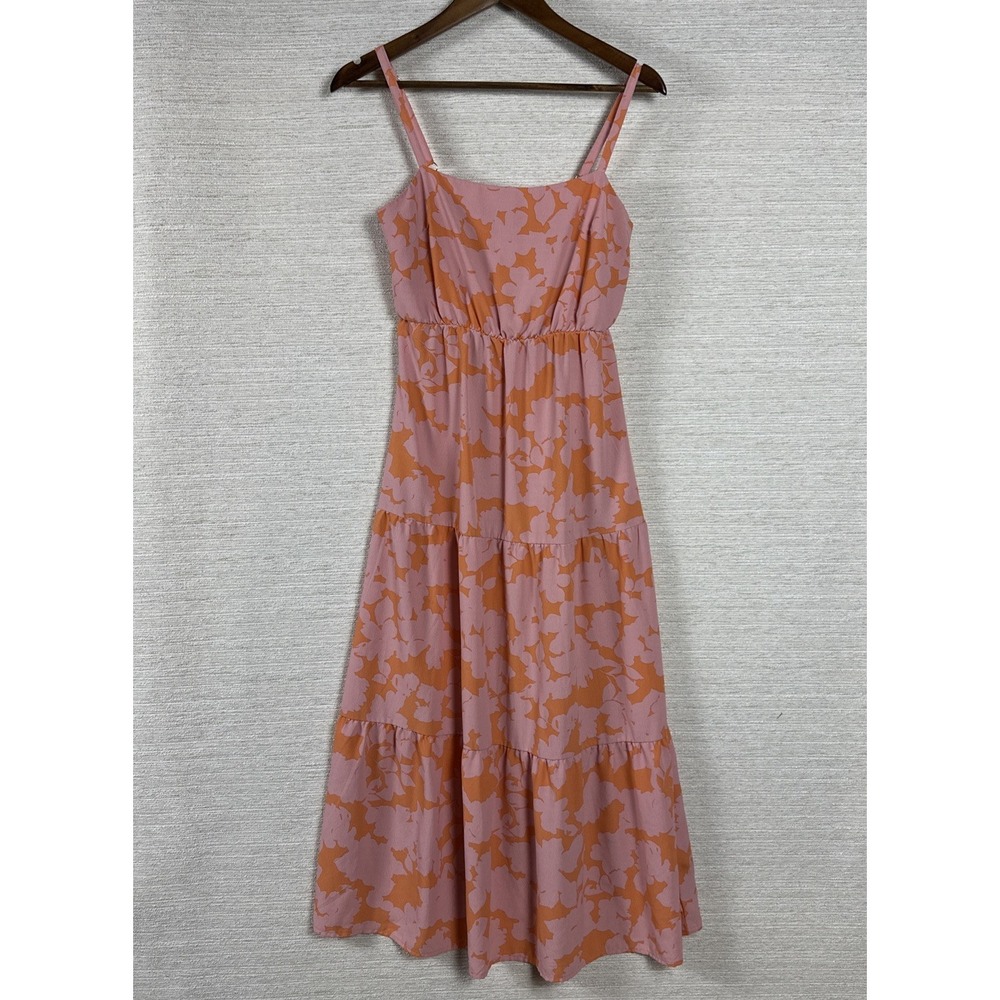 Social Standard by Sanctuary Floral Midi Dress S Pink Orange Tiered Boho Sundres
